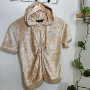 BCBG MAXAZRIA Tan Velour Terry Cloth Hooded Short Sleeve Track Jacket Size Med